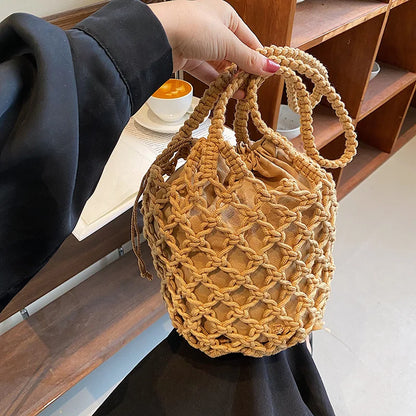 Summer Beach Bag For Women Mesh Rope Knitted Bucket Shoulder Bags  Reticulate Hollow Travel Shopper Totes Ladies Fashion Handbag