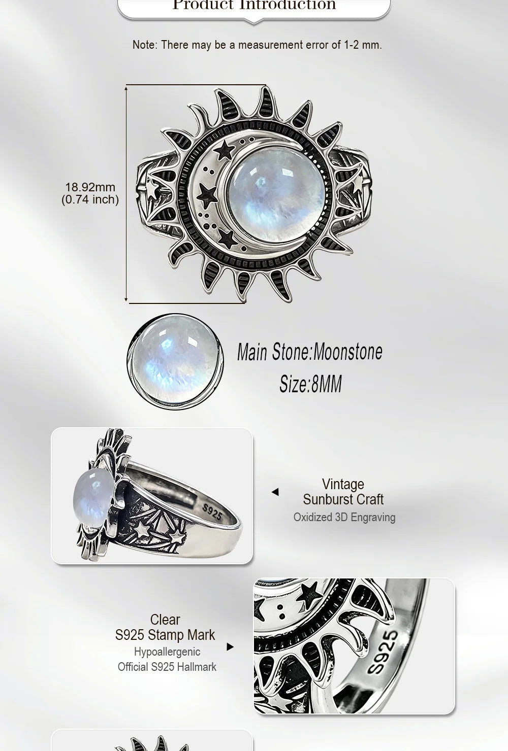 925 Sterling Silver Natural Moonstone Ring 8MM Bohemian Star Sun Moon Shape Ring Gothic Punk Style Party Gift for Women Men