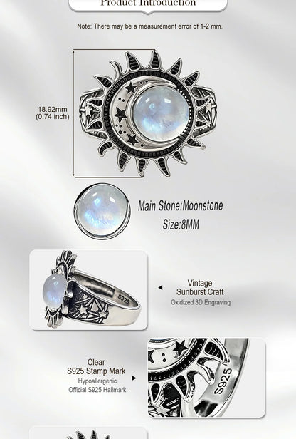925 Sterling Silver Natural Moonstone Ring 8MM Bohemian Star Sun Moon Shape Ring Gothic Punk Style Party Gift for Women Men