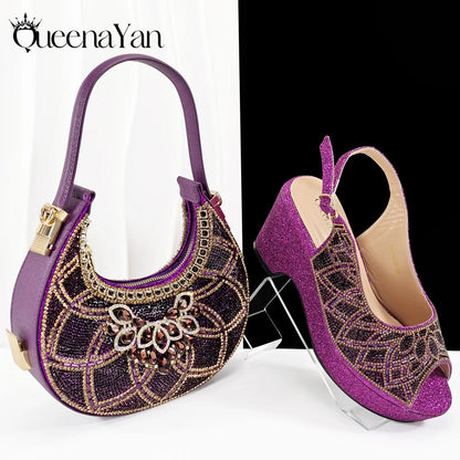Queena Yan Sky Blue Elegant Nigerian Rhinestone Wedding Shoe and Bag Set Italian Inspired High Heels and Matching Handbag