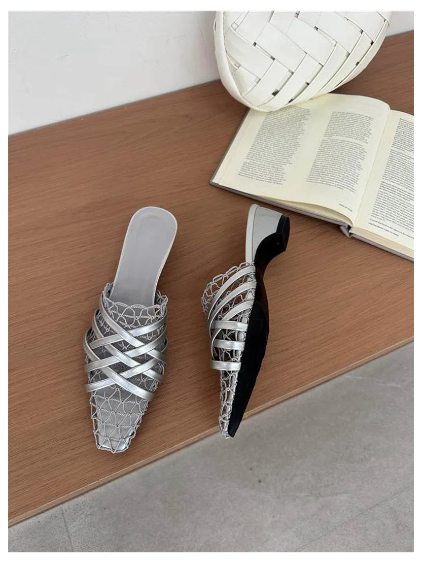 2026 Summer Luxury Fashion Designer Slippers Women Lace Mesh Square Toe Slip On Mule Slippers Low Heel Sandal Casual Shoes Muje