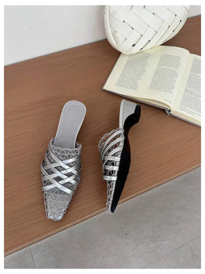 2026 Summer Luxury Fashion Designer Slippers Women Lace Mesh Square Toe Slip On Mule Slippers Low Heel Sandal Casual Shoes Muje
