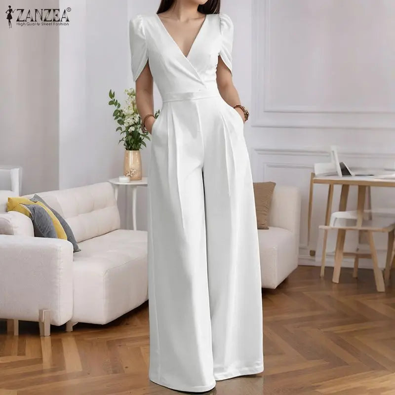 2025 ZANZEA Fashion Summer Women Party Jumpsuits Short Sleeve V-Neck Casual Rompers Playsuits Solid Elegant Pockets Streetwear