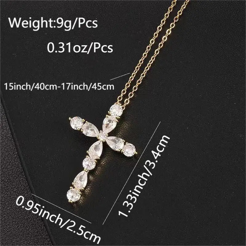 Cubic Zirconia Cross Water Diamond Pendant for Women's Fashion Sexy Golden Hypoallergenic Jewelry Gift Party Banquet Necklace