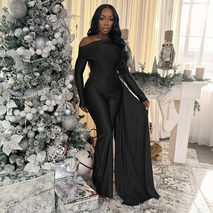 Doyerl Elegant Party Club Outfits Woman Jumpsuits and Rompers Evening Off Shoulder Long Sleeve Ruched One Pieces Overalls Ribbon