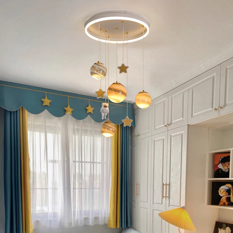 Children's Room Lamp Nordic Modern Pendant Lights Kids LED Ceiling Chandelier Living Room Bedroom Astronaut Hanging Home Decor