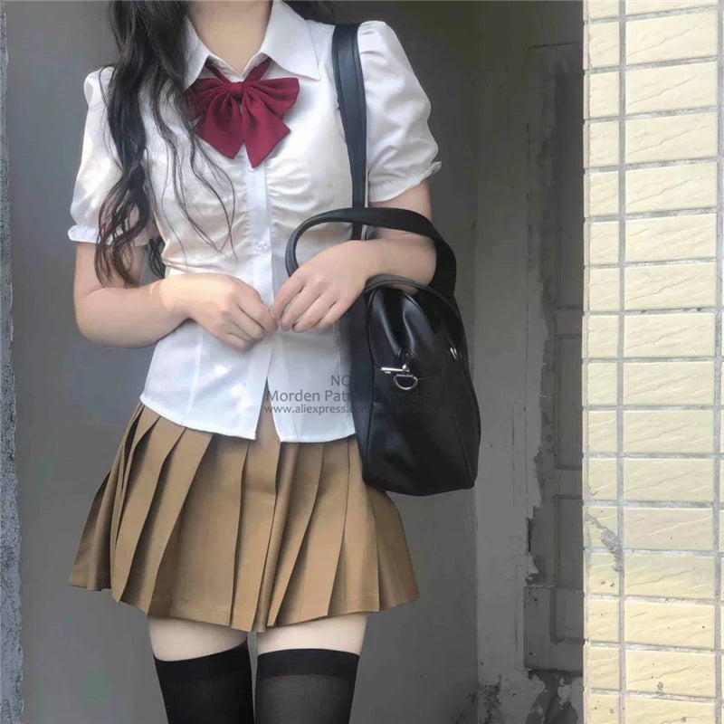 Summer Girls College Style Uniform Suit White Puff-Sleeve Shirt with Bow Slim Waist Skirt Set Women's Short-Sleeve Top And Skirt