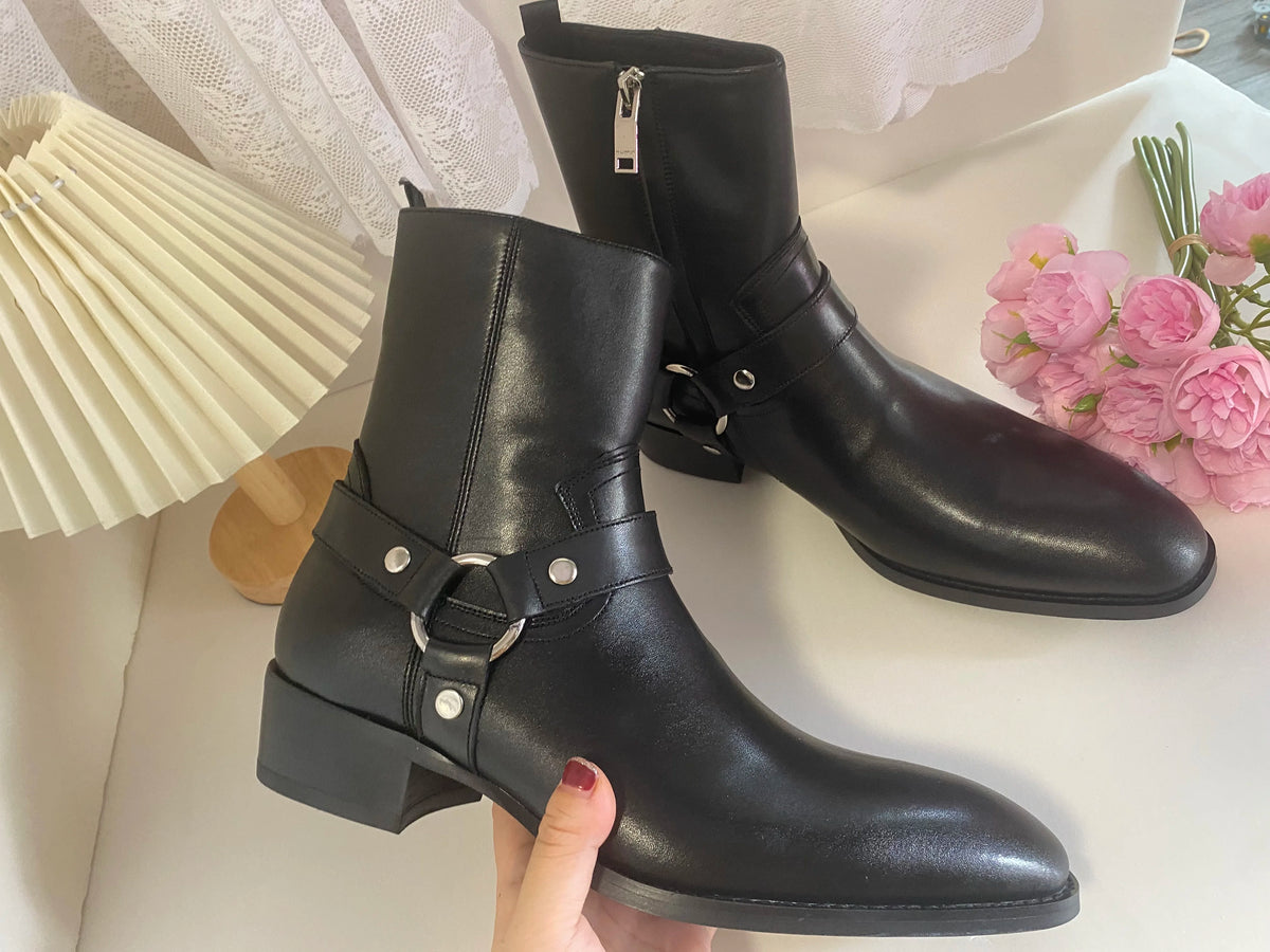 Brown Men Chelsea Boots Handmade High-quality Cow Suede Business Casual Square Toe Mid-heel Men Shoes Motorcycle Boots With Heel