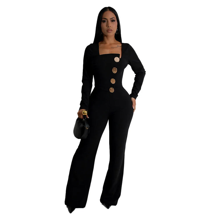 CM.YAYA Elegant Button Long Sleeve Irregular Girl Jumpsuits 2025 Spring Women's Overalls Outfits Night Club Streetwear One Piece