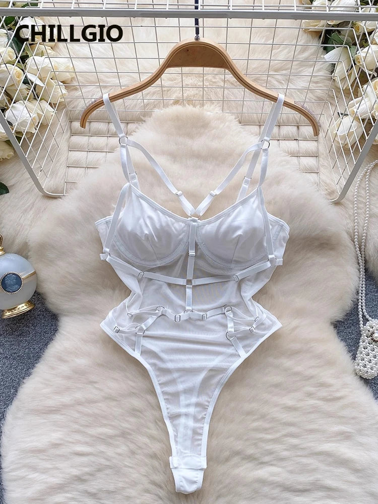 CHILLGIO Women Sexy Lace Strappy Rompers Lingerie One Piece Combination Bodycon Catsuits Sheer Fashion Solid Push Up Bodysuits