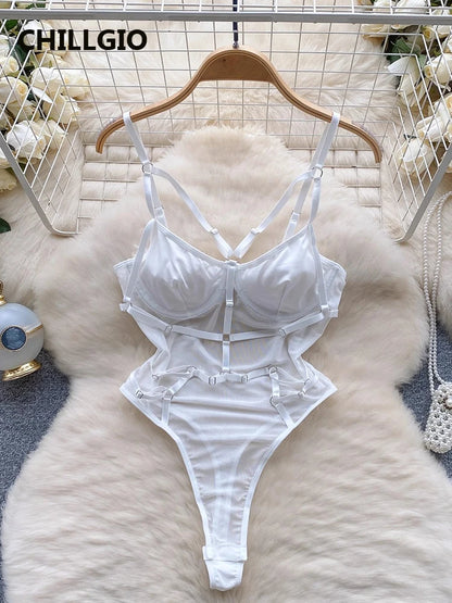 CHILLGIO Women Sexy Lace Strappy Rompers Lingerie One Piece Combination Bodycon Catsuits Sheer Fashion Solid Push Up Bodysuits