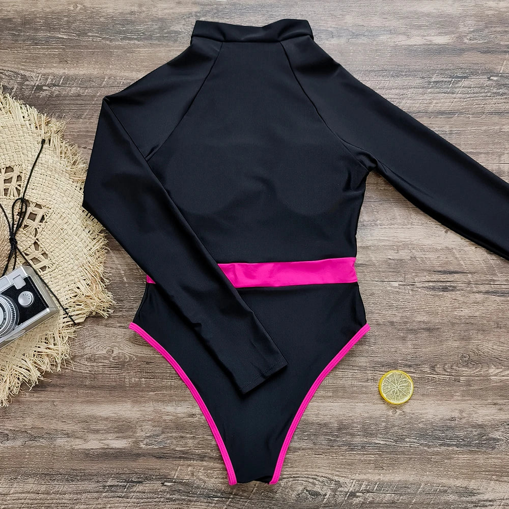 2026 Surfing Sport Swimsuit Long Sleeves Women One Piece Swimsuit  Swimwear Solid Monokini Bathing Suit Tropical Bodysuit Female