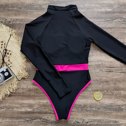 2026 Surfing Sport Swimsuit Long Sleeves Women One Piece Swimsuit  Swimwear Solid Monokini Bathing Suit Tropical Bodysuit Female