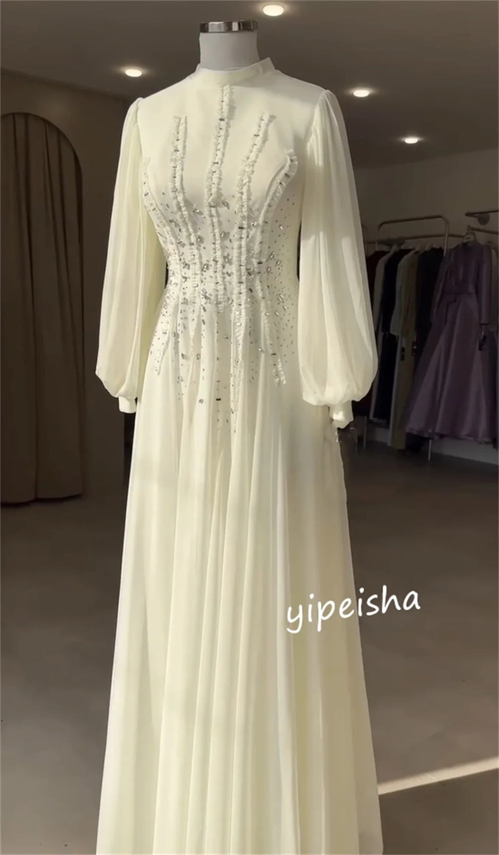 Customized Classic Chiffon Pleat Sequined A-line High Collar Long Dresses Bespoke Occasion Homecoming Sizes Available