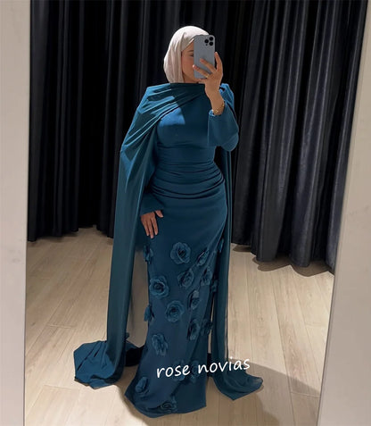 Customized Jersey Applique Flowers High Collar Sheath Long Dresses Bespoke Occasion Formal Evening Exquisite Sizes Available
