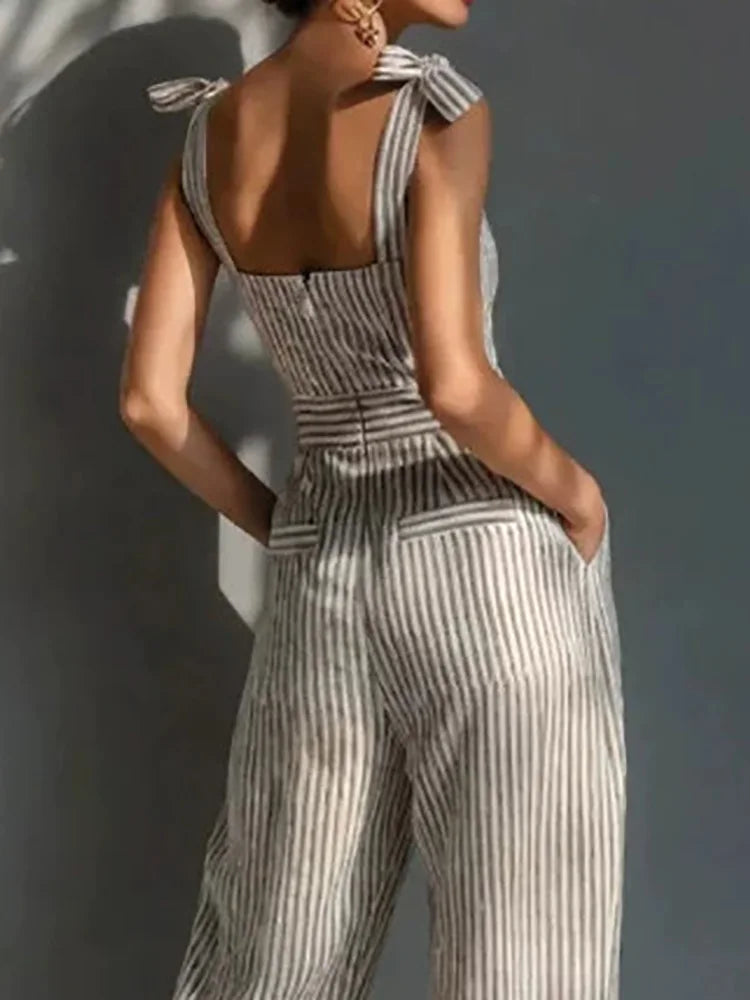 Holiday Women's Spaghetti Strap Backless Jumpsuits Summer Sleeveless Striped Patchwork Wide Leg Pants Playsuits Streetwear 2026
