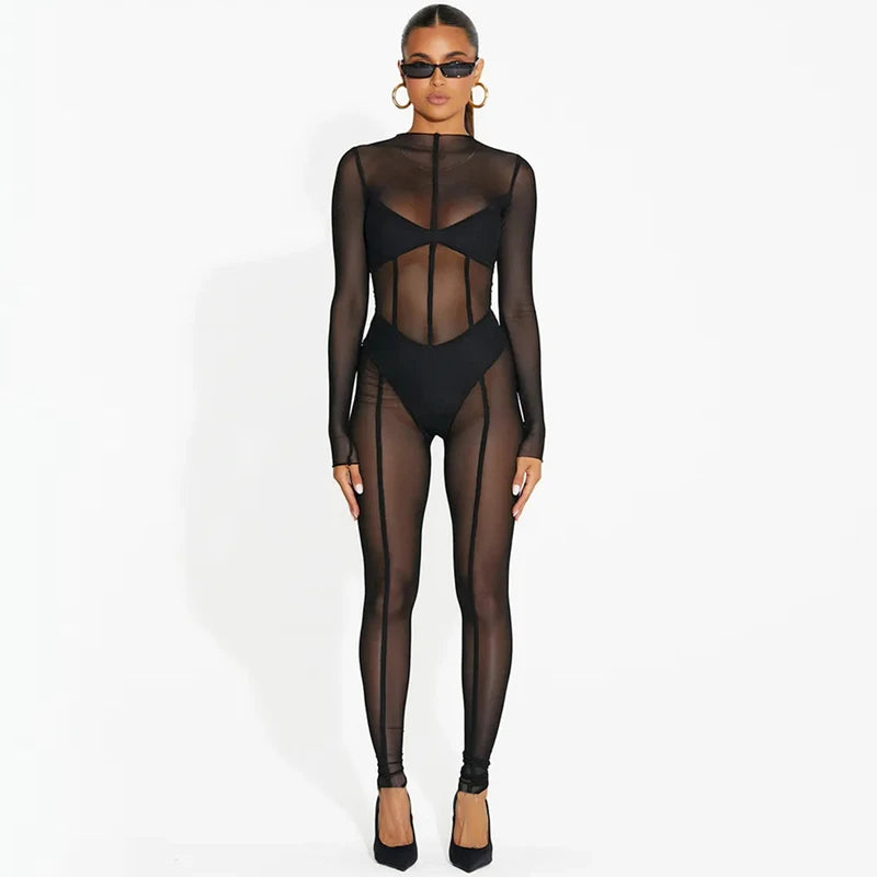 Hugcitar Mesh Long Sleeve Black Zip Up See Through Sheer Sexy Bodycon Jumpsuit 2025 Summer Women Romper Beach Festival Club Y2K