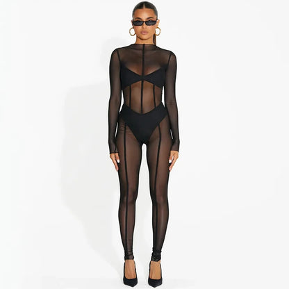 Hugcitar Mesh Long Sleeve Black Zip Up See Through Sheer Sexy Bodycon Jumpsuit 2025 Summer Women Romper Beach Festival Club Y2K