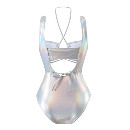 Sexy Glitter Metallic Halter Swimsuit One Piece Hollow Out Tie Bikinis Swimwear Bodysuits Women Biquini Bathing Suits Tankini