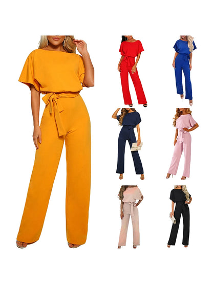 Women's clothing summer 2024 Jumpsuit, Elegant Short Sleeve Hollowed Waist Tie Solid Summer Wide Leg Pants