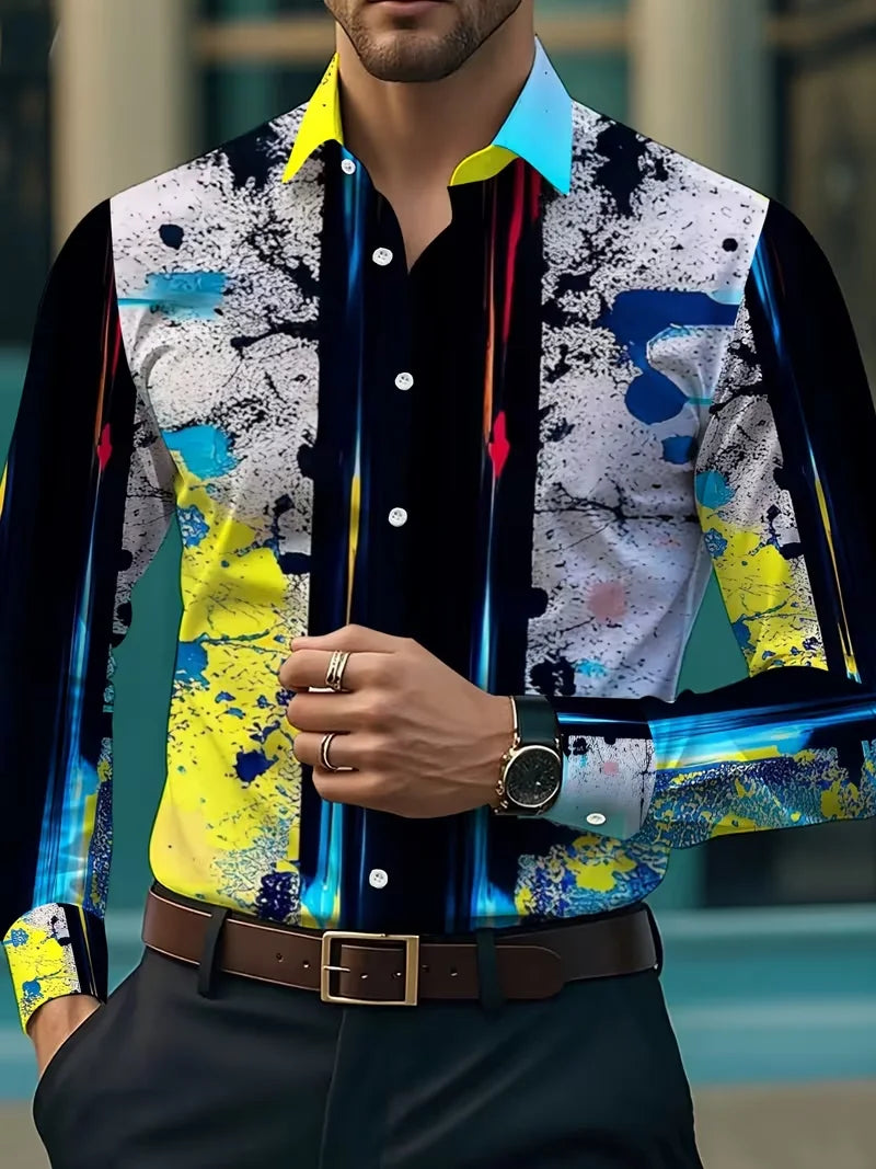 New Men's Purple Gold Phoenix National Style Curly Grass 3D Printed Long Sleeve Shirt Smooth High Gloss Collar Top