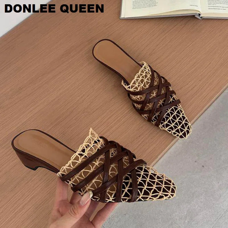 2026 Summer Luxury Fashion Designer Slippers Women Lace Mesh Square Toe Slip On Mule Slippers Low Heel Sandal Casual Shoes Muje