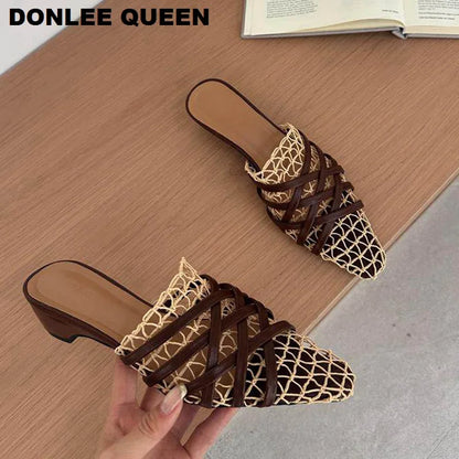 2026 Summer Luxury Fashion Designer Slippers Women Lace Mesh Square Toe Slip On Mule Slippers Low Heel Sandal Casual Shoes Muje