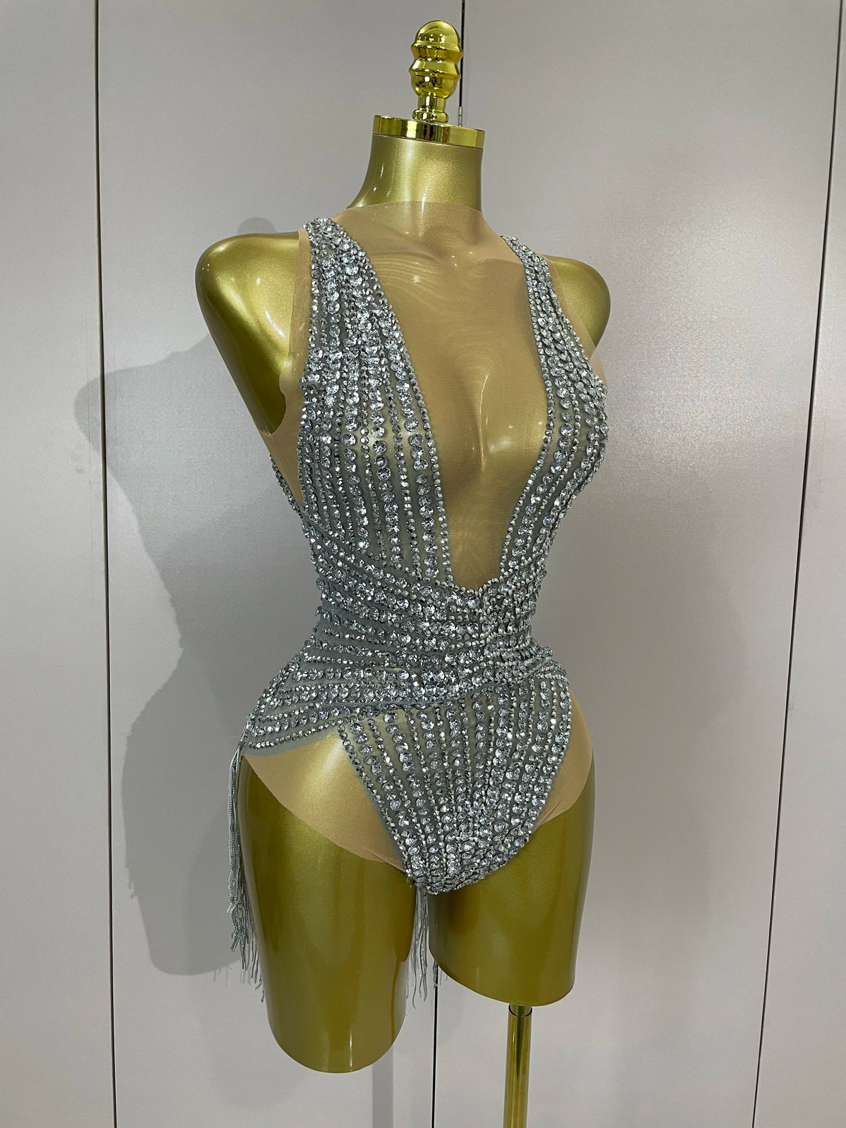 Luxury Sparkly Silver Diamonds Tassel Mesh Sheer Bodysuits Eveing Birthday Party Latin Dancer Bar Nightclub Sexy Stage Costume