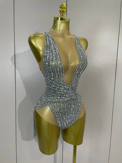 Luxury Sparkly Silver Diamonds Tassel Mesh Sheer Bodysuits Eveing Birthday Party Latin Dancer Bar Nightclub Sexy Stage Costume