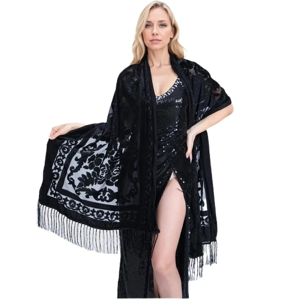 Ethnic Style Chinese Dress Shawl Elegant Design Versatile Use Long Fringed Scarf Warm Material Fringed Edge Velvet Scarf