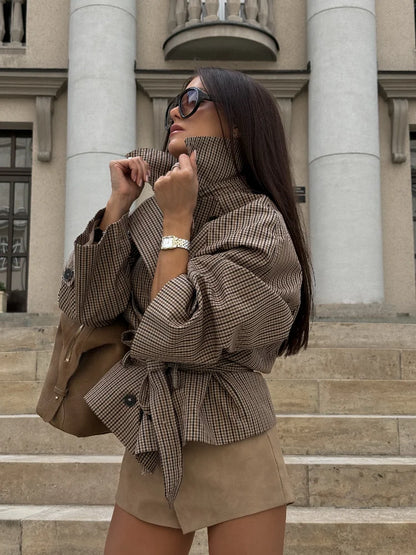 Plaid Cropped Trench Coat Lapel Collar Double Breasted Belted Waist Long Sleeve Women All-match Coats 2026 Autumn Commute Outfit