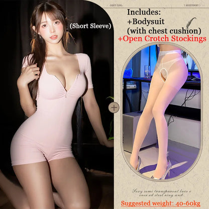Sexy Short Yoga Open Crotch Bodysuit Long Sleeve Slim Fit Solid Color V-Neck Female Fitness Shorts Low-Cut Zipper Sportwears