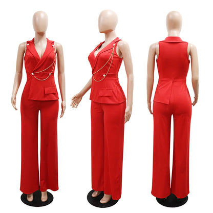 CMYAYA Elegant Womenv-neck High Waist Straight Sleeveless Blazer Jumpsuits 2024 Fall Street Chain Office Lady Party Rompers