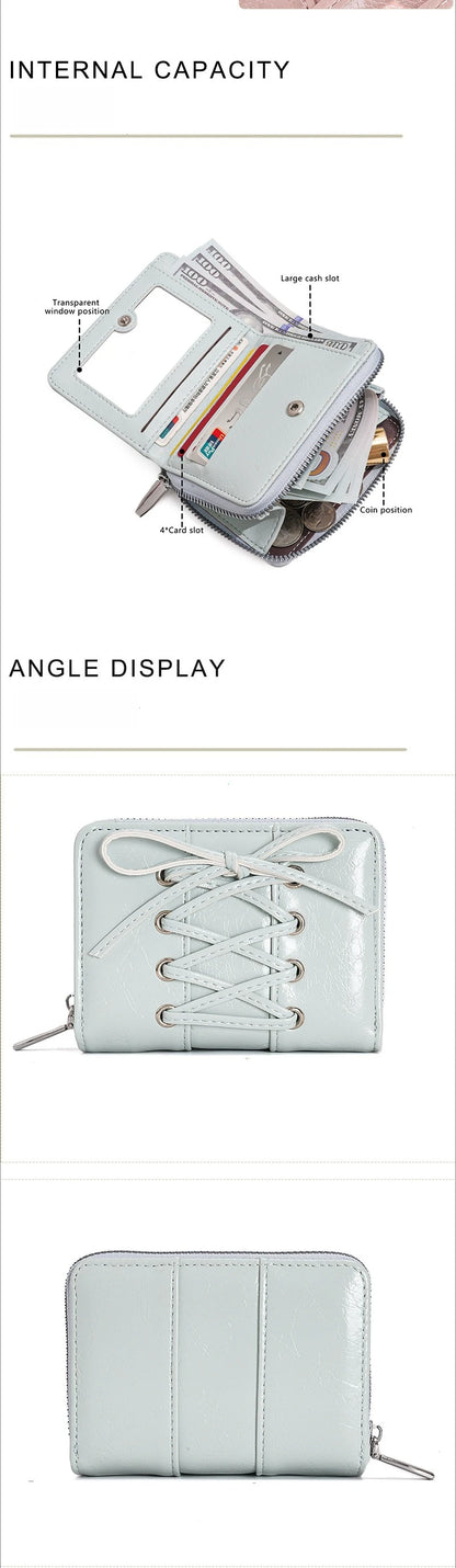 Simple Korean Style Bow Wallet Ultra Thin Short Clutch Card Bag Multi-function Zipper PU Leather Card Holder Travel Coin Purse