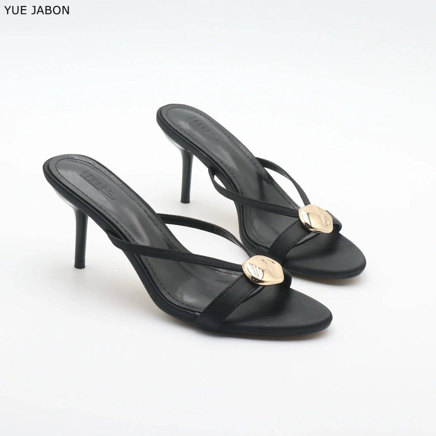 Red Satin Sexy Thin Heel Slippers Women Metal Buckle Open Toe Slides Ladies Concise Black Luxury Brand High Heels Dress Shoes