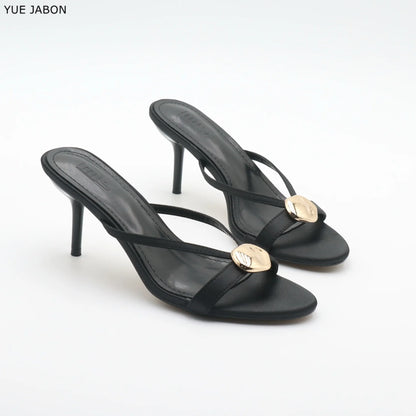 Red Satin Sexy Thin Heel Slippers Women Metal Buckle Open Toe Slides Ladies Concise Black Luxury Brand High Heels Dress Shoes