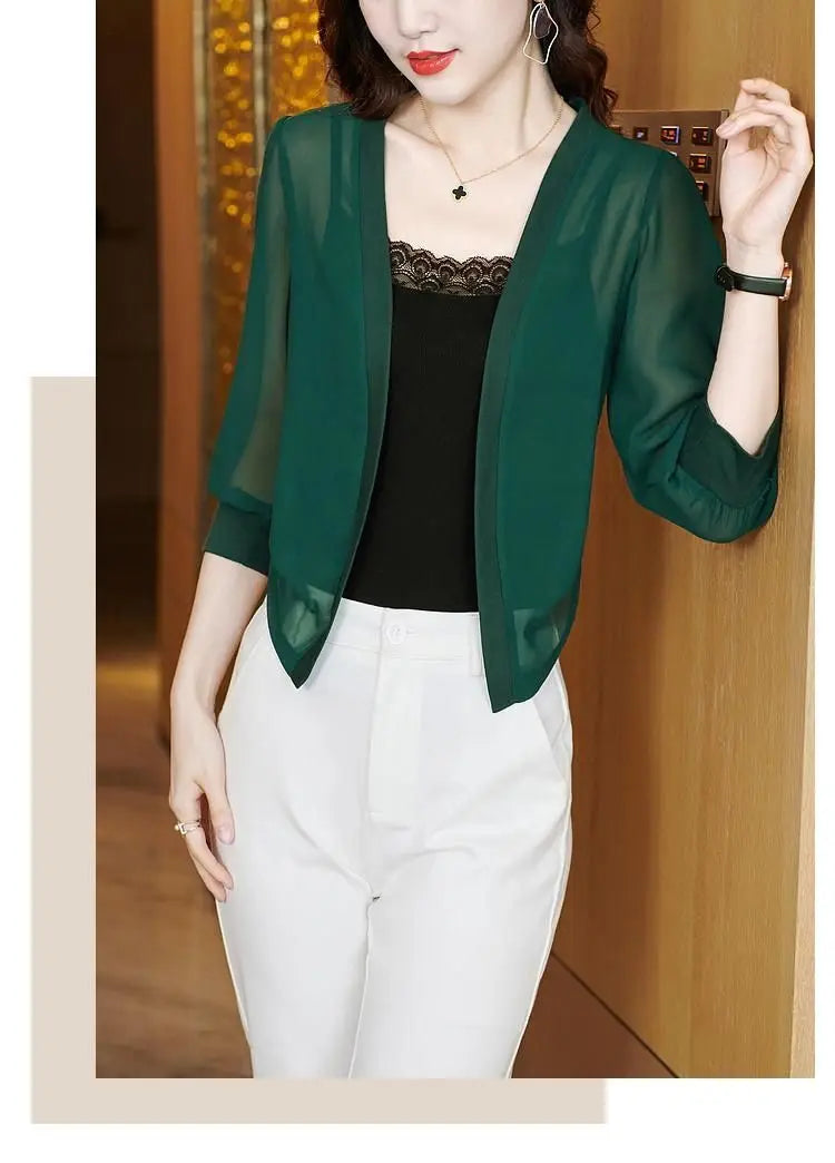Chic Spring Summer Women Cardigan Sunscreen Chiffon Coat Shirt Vintage Thin Tops Short Jackets Design Shawl New