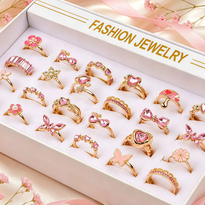 10Pieces Fashion Pink Rhineston Rings Set For Women Mix Style Butterfly Heart Love Open Adjustion Daily Jewelry Party Gifts
