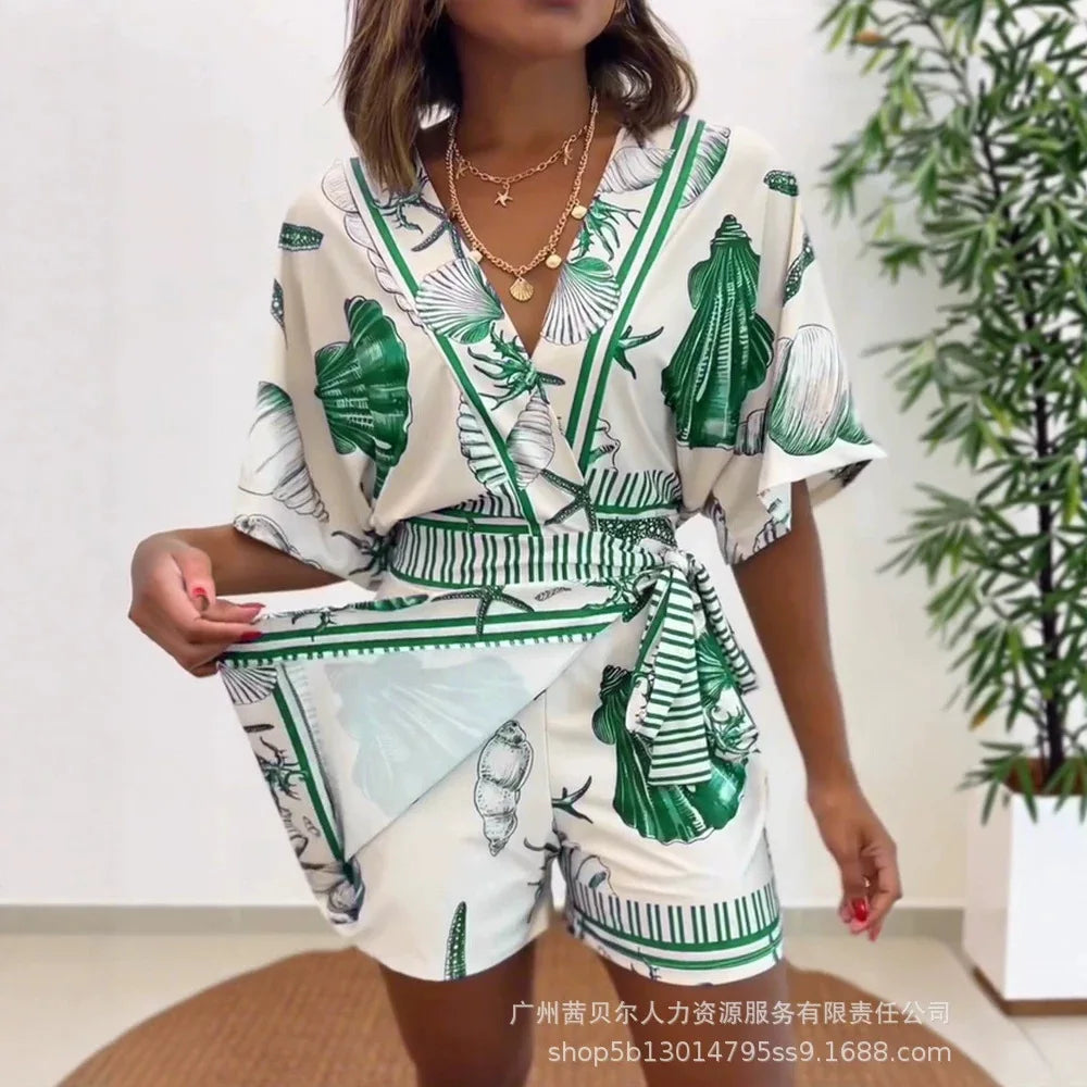 Rompers Women V Neck Half Sleeve One Piece Short Pant Tight Waist Lace Up Y2k Streetwear Jumpsuit Work Beach Casual Floral Print
