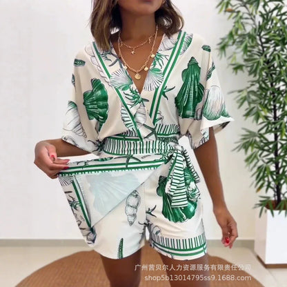 Rompers Women V Neck Half Sleeve One Piece Short Pant Tight Waist Lace Up Y2k Streetwear Jumpsuit Work Beach Casual Floral Print