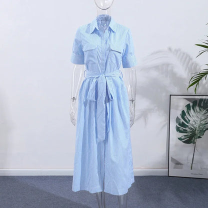 Elegant Women's Striped Long Dress Summer Lace Up Turn-Down Collar Single-breasted Blue A-line Dresses 2026 Lady Holiday Robes