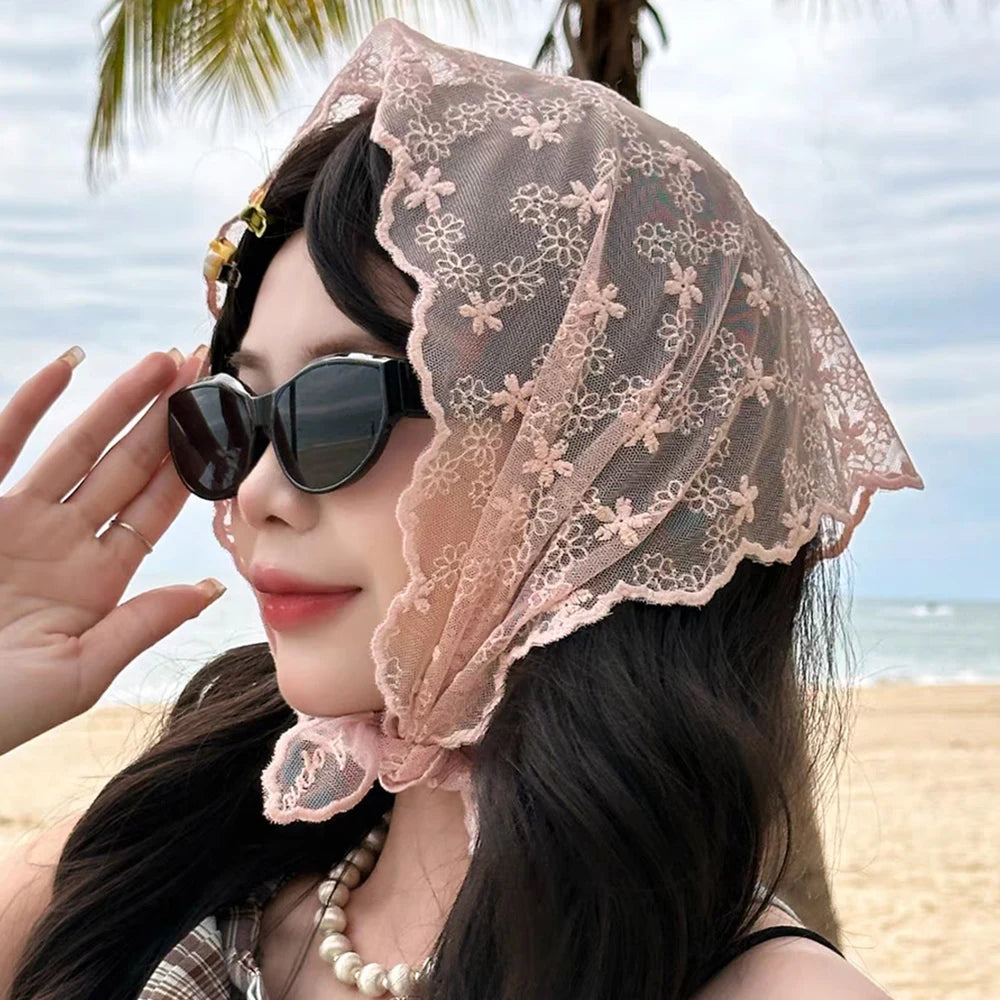 INS Lace Hair Scarf Women Korean Triangle Hair Band Travel Photo Headband Sunscreen Headscarf Girls Linen Cotton Neckerchief