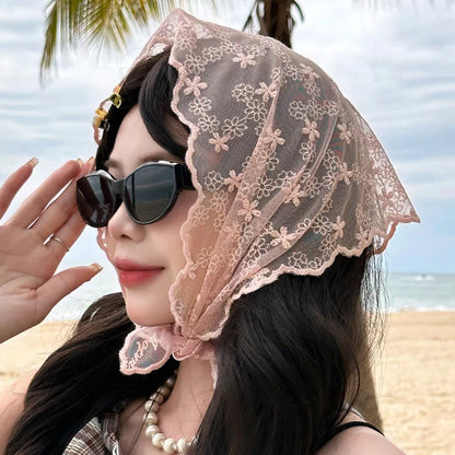 INS Lace Hair Scarf Women Korean Triangle Hair Band Travel Photo Headband Sunscreen Headscarf Girls Linen Cotton Neckerchief