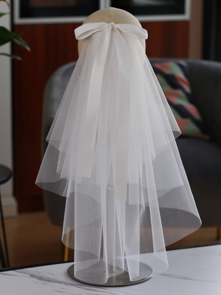 LA003 Bridal Veil Two-Layer Plain Tulle Satin Bow Handmade White Short Headdress Veil for Wedding Dress