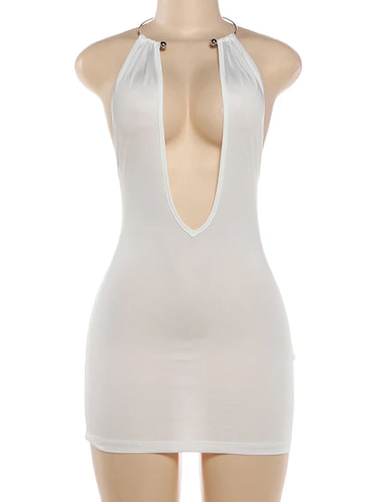 Weird Puss Sexy Backless Dress Woman Summer Trend Metal Ring Halter Low-Neck Sleeveless Hottie Midnight Club Party Mini Bodycon