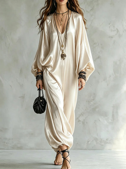 New Spring Autumn Solid V Neck Batwing Sleeve Loose Jumpsuit Women Fashion Satin Wide Leg Pants Jumpsuits Casual Holiday Rompers