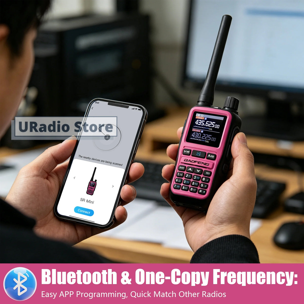 Baofeng UV-5R Mini Walkie Talkie BF-5R Mini Ham Two Way Radio Pink Dual Display USB-C 999 Channel AM For Camping Hiking Hunting