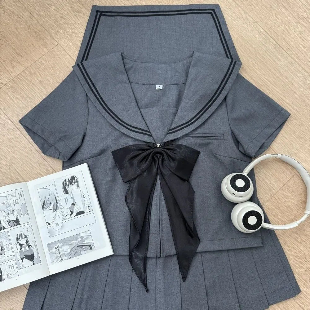 Basic Grey Sailor Suit Set, School Uniform, Preppy Style, Short-sleeved, Long-sleeved, and Short-skirted.