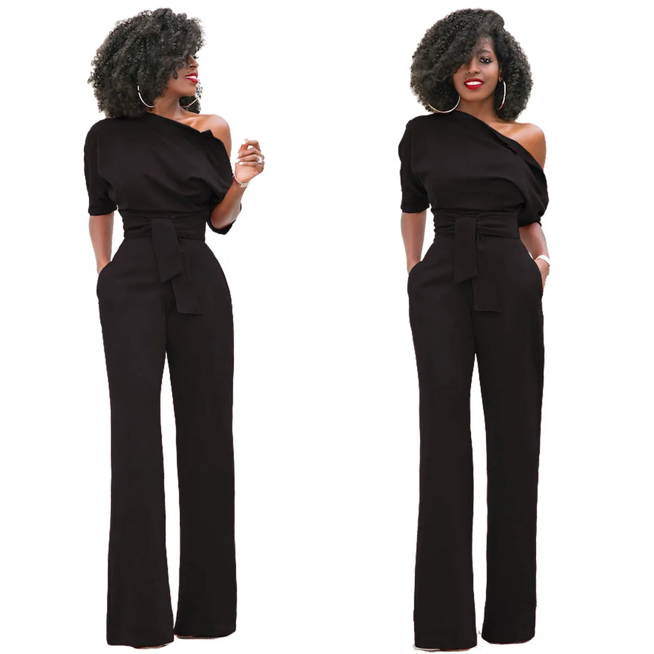 2024 Summer New Fashion Women's Jumpsuit Solid Color Slanted Shoulder Elegant Temperament Sleeveless Long Wide Leg Jumpsuit