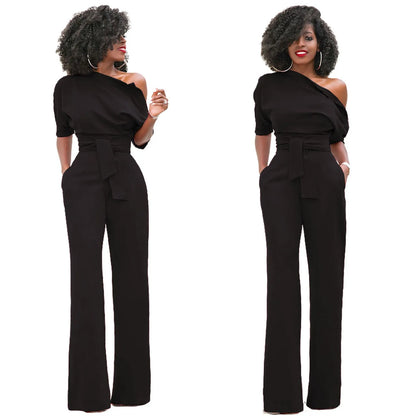2024 Summer New Fashion Women's Jumpsuit Solid Color Slanted Shoulder Elegant Temperament Sleeveless Long Wide Leg Jumpsuit